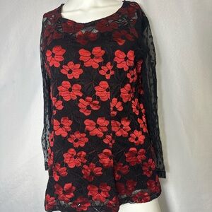 Unbranded  3/4 Sleeve Lace Black/Red Pullover Flared Hem Size L Blouse